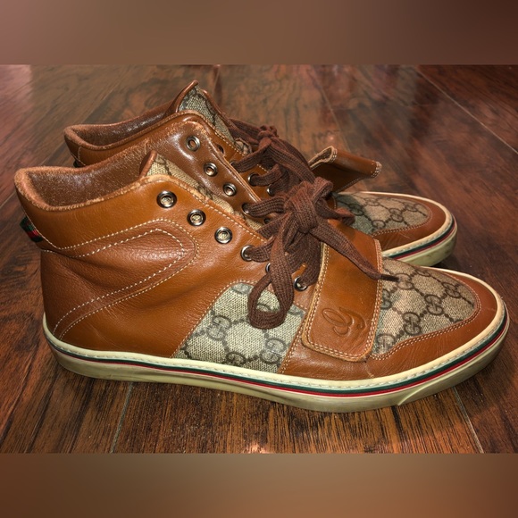 Gucci Leather Monogram Hightop Sneakers Brown SZ9.5 - Picture 2 of 12